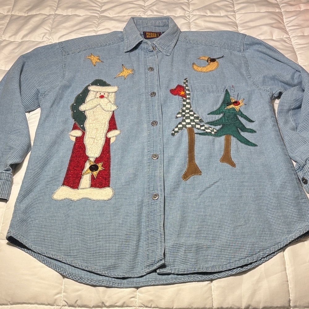 Vintage Blue Checkered Button Down Shirt with Christmas Appliqué